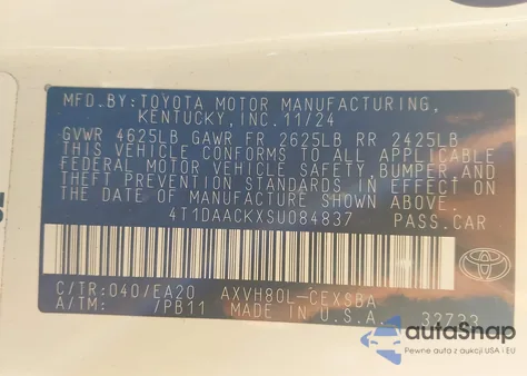 2025 Toyota Camry Se z USA, uszkodzony, nr VIN 4T1DAACKXSU084837